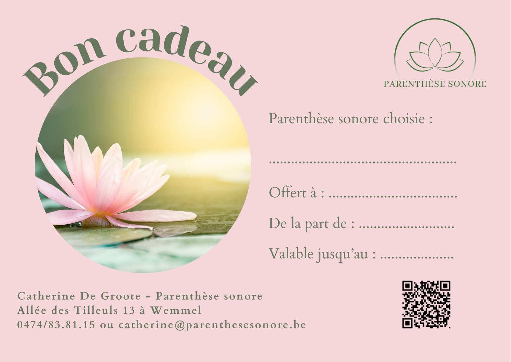 Bon cadeau Parenthèse Sonore : une fleur de lotus, les champs à compléter et un QR code vers le site